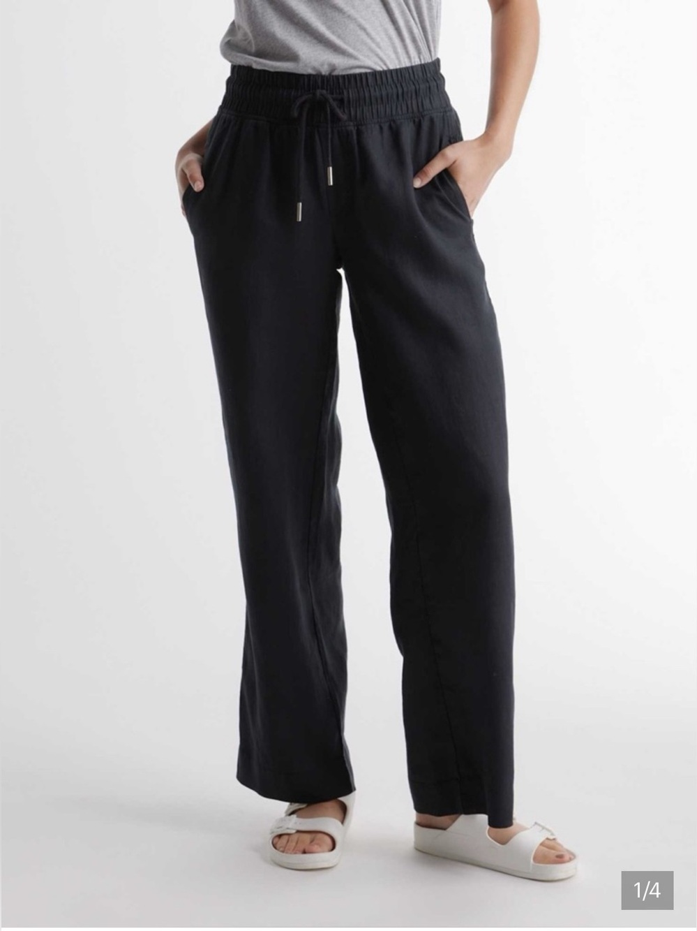 Quince Black Linen-Blend Drawstring Wide-Leg Trousers